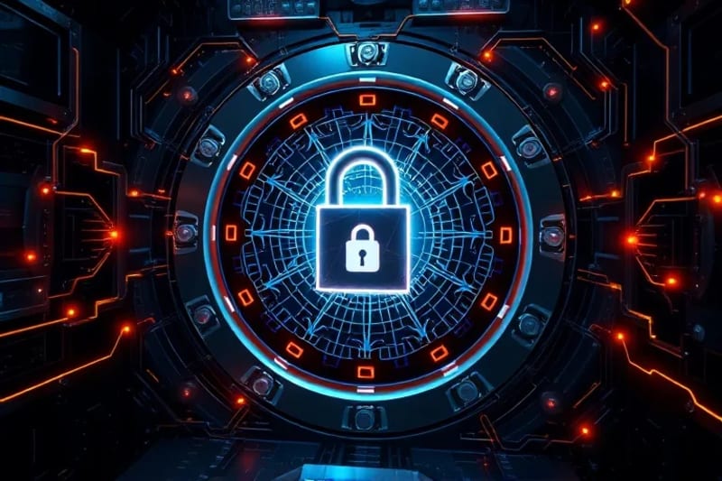 Bóveda de datos digital con cerraduras cuánticas geométricas y líneas de seguridad