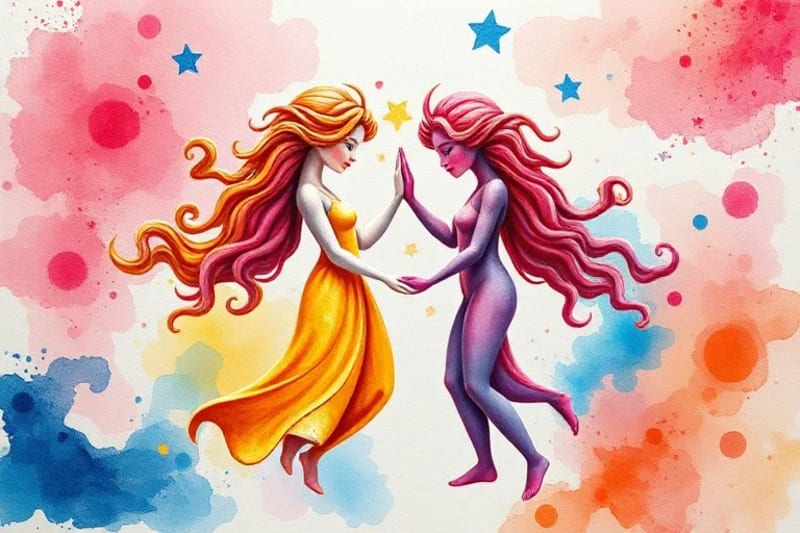 Dos figuras abstractas de acuarela en tonos pastel y fuego, fusionándose en un torbellino de colores, simbolizando la unión emocional y apasionada.