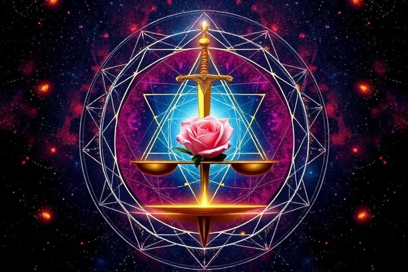 Una balanza estilizada con una rosa en un lado y una espada en el otro, equilibrada perfectamente sobre patrones geométricos, simbolizando el equilibrio entre amor y pasión.