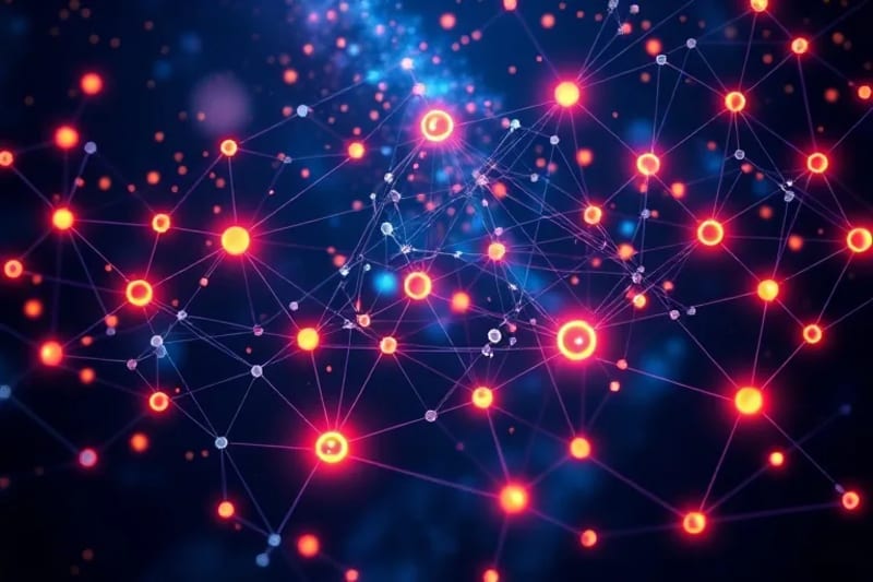 Abstract vector art showing a neural network processing cosmic data, with stylized stars and galaxies as nodes, illustrating AI's role in astrophysics.