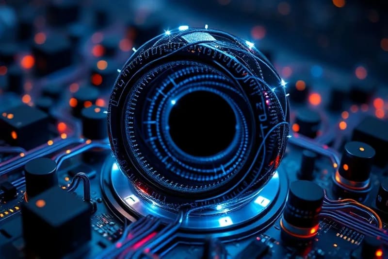 3D render of a theoretical black hole model next to a quantum computer, symbolizing advanced computational physics and the study of spacetime.