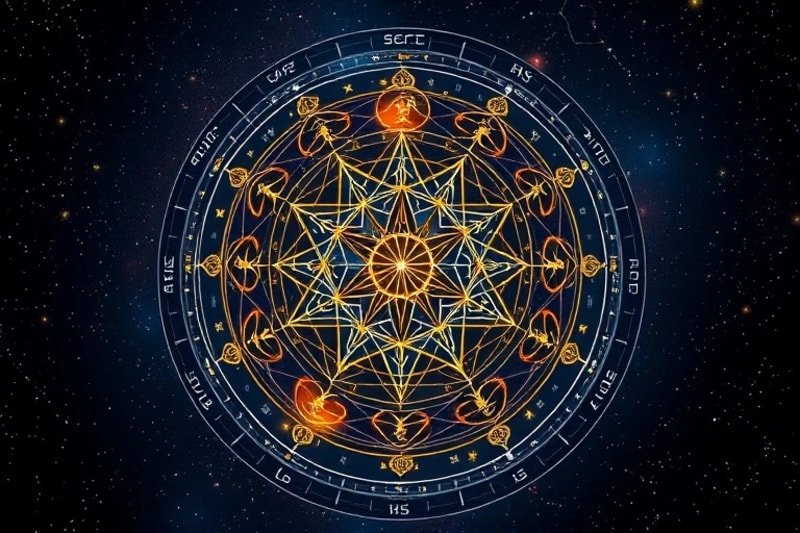 Representación artística de la Flor de la Vida con símbolos astrológicos y planetarios integrados.