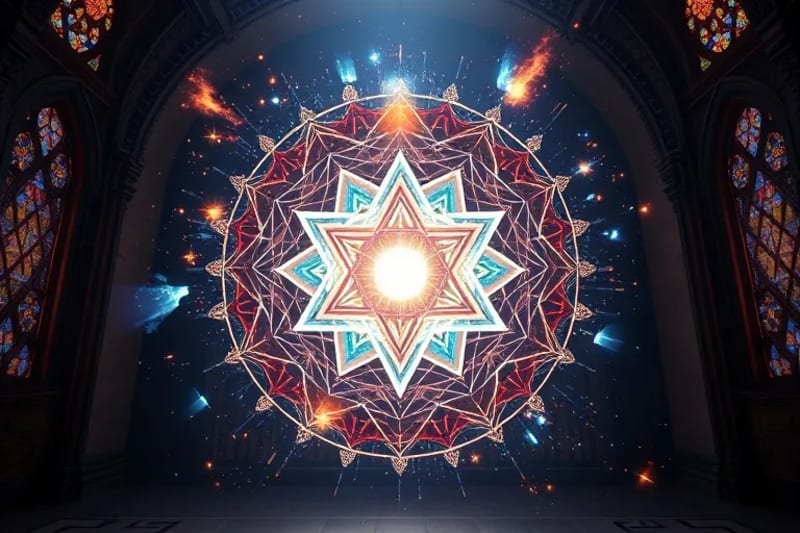 Símbolo Merkaba tridimensional flotando en un espacio sagrado con luz etérea y letras hebreas antiguas.