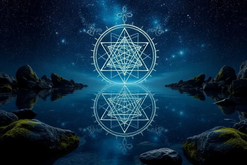 Still water pool reflecting a starry sky, with ethereal visions, symbolizing hydromancy and natural magic.