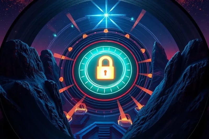 Un render 3D de una red interconectada de contratos inteligentes y nodos de blockchain formando un escudo protector alrededor de activos digitales estilizados, como una escultura virtual y un accesorio de avatar, simbolizando soluciones de seguridad e innovación.