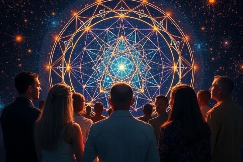 Diverse group of people connected by energy lines, observing a celestial map merging with a neural network, symbolizing global consciousness.