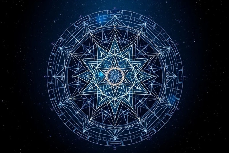 Abstract 3D holographic projection of a birth chart with dynamic energy flows and AI algorithms, analyzing collective shifts.