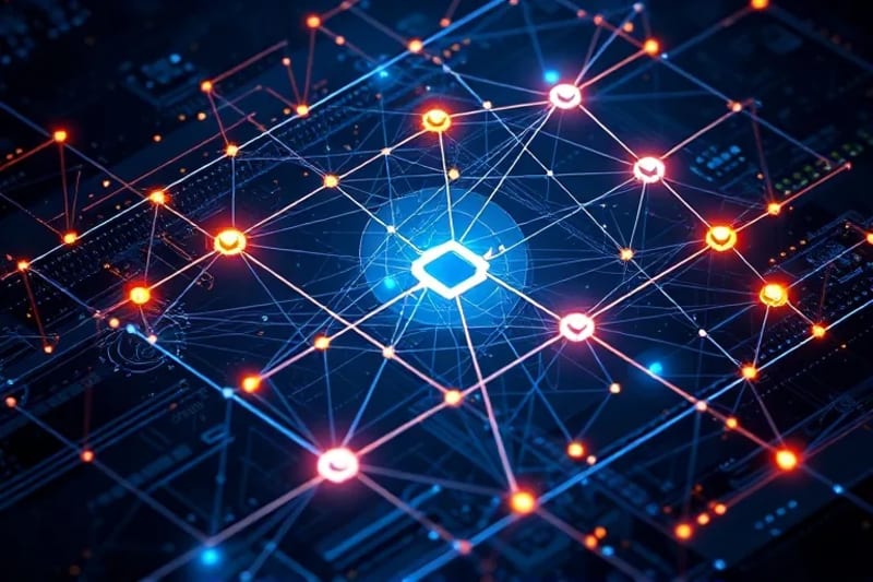 Abstract 3D render of intersecting wave patterns and digital data streams, illustrating the concept of frequency hopping in wireless communication.