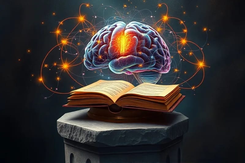 Cerebro humano estilizado con conexiones luminosas, entrelazado con símbolos espirituales y elementos tecnológicos, en una composición abstracta.