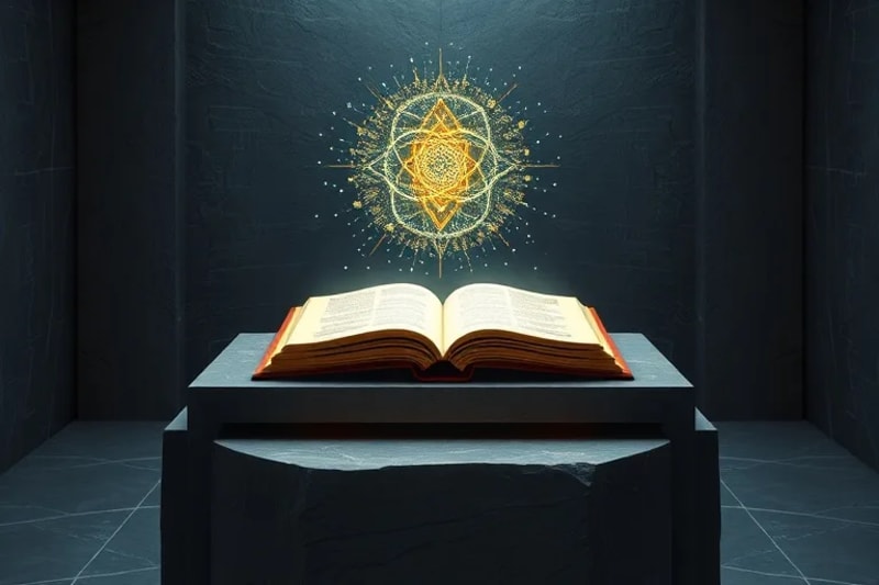 Altar futurista con un rosario holográfico, rodeado de campos de energía y pantallas con algoritmos cuánticos.