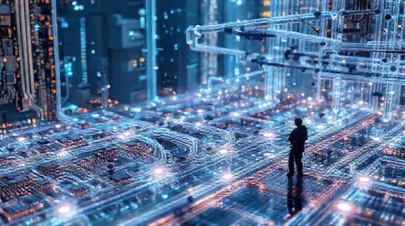 Red de tuberías y sensores interconectados en un entorno urbano futurista, simbolizando la gestión inteligente del agua y la digitalización de infraestructuras.