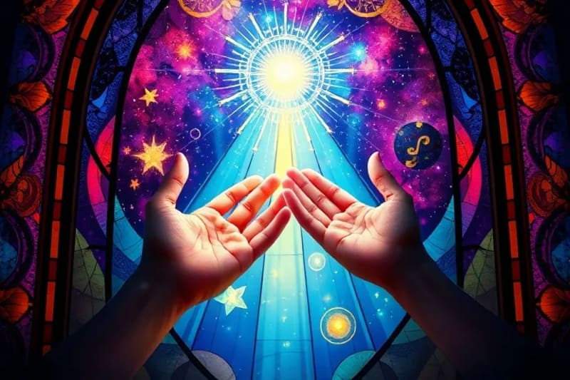 Two hands reaching towards each other, one from a starry sky and one from an earthly landscape, symbolizing the principle of correspondence 'As Above, So Below'