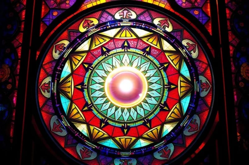 Abstract 3D render of interlocking geometric patterns and light waves forming a dynamic structure, with a glowing sphere at the center symbolizing manifested thought
