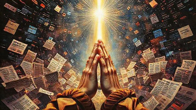 Una pintura al óleo de manos en oración, con un rayo de luz divina cortando el caos de datos digitales y titulares engañosos, simbolizando el discernimiento espiritual.