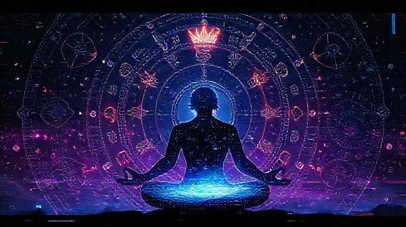 A cosmic ballet where celestial bodies align with intricate gears of a human mind, a stylized birth chart overlaying a silhouette meditating, surrounded by glowing archetypal symbols.