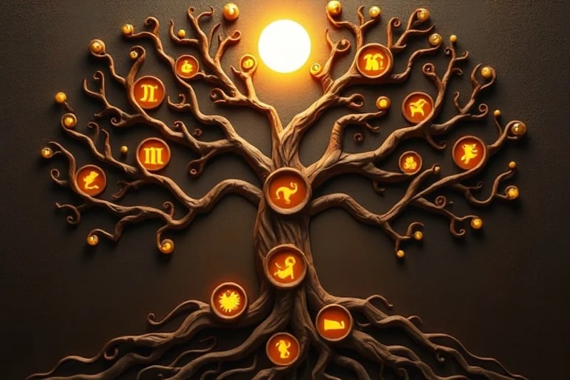 Pintura digital de un árbol con raíces entrelazadas y ramas, simbolizando generaciones y patrones kármicos ancestrales.
