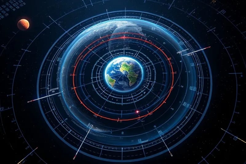 Esquema digital de una órbita de transferencia de Hohmann entre la Tierra y Marte, con puntos de datos y trayectorias proyectadas. Elementos holográficos sutiles muestran algoritmos de IA optimizando la ruta.