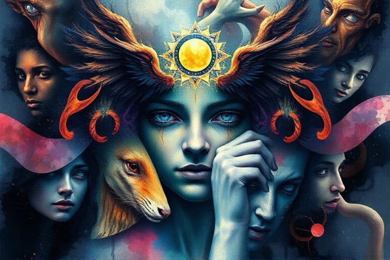A fragmented yet interconnected mosaic representing the shadow self, with dark, swirling abstract shapes emerging from a luminous core, symbolizing integration. Hidden eyes and subtle archetypal figures within the shadows.