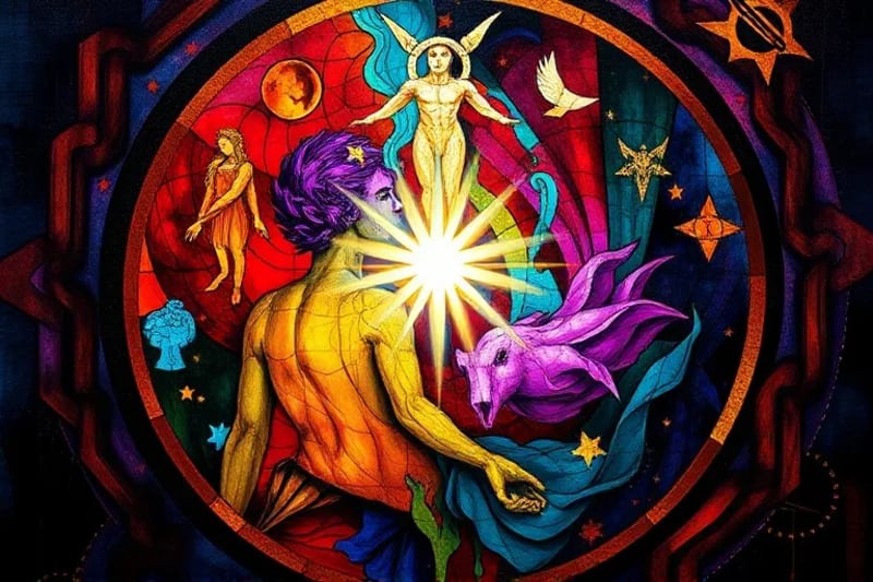 Abstract painting representing wholeness with swirling colors blending seamlessly, a central radiant light expanding outwards, incorporating both dark and light elements in harmonious balance. Celestial patterns woven into brushstrokes.