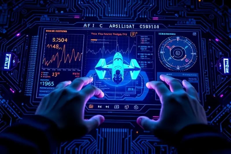Primer plano de una interfaz de IA sofisticada que muestra datos de telemetría en tiempo real de una misión interplanetaria. La pantalla muestra gráficos complejos, lecturas de sensores y un modelo 3D de una nave espacial. Manos humanas tocan un panel de control holográfico.