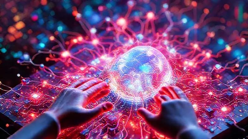 Red neuronal generando arte abstracto con manos humanas interactuando