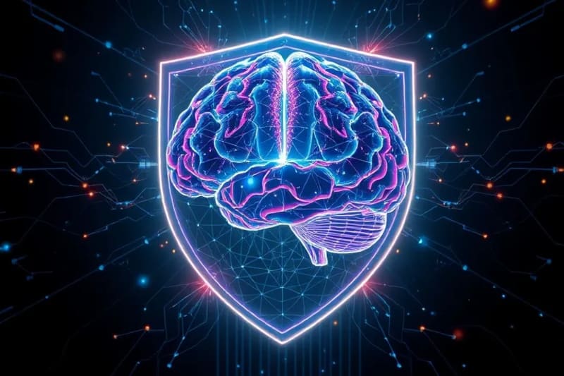 Escudo digital protegiendo un cerebro de datos invasivos