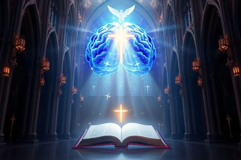Ilustración digital de un cerebro humano entrelazado con símbolos místicos cristianos, representando la compleja relación entre la espiritualidad y la actividad neurológica.