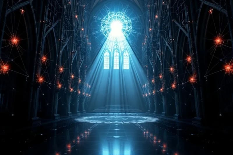 Representación abstracta de la conexión entre el pensamiento, la emoción y la manifestación física, utilizando elementos visuales que sugieren redes neuronales y energía espiritual.