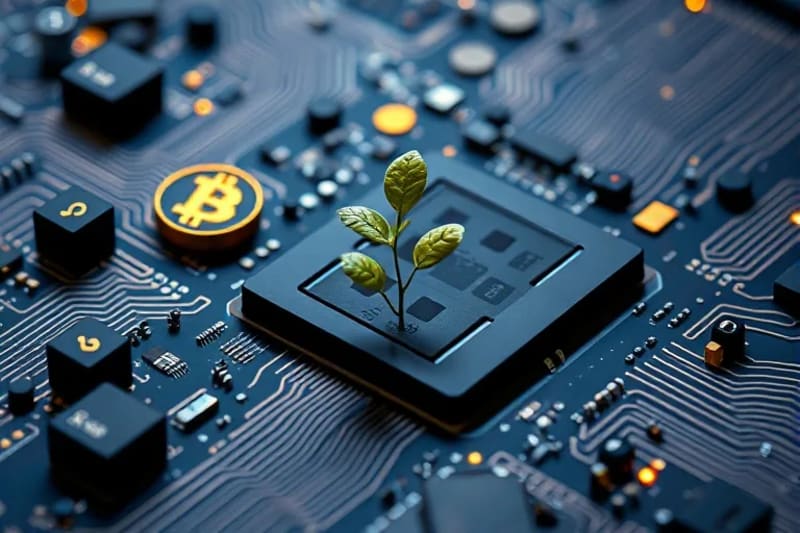 Representación de una cartera digital con iconos de criptomonedas y gráficos financieros, junto a una planta que simboliza la sostenibilidad y el crecimiento.