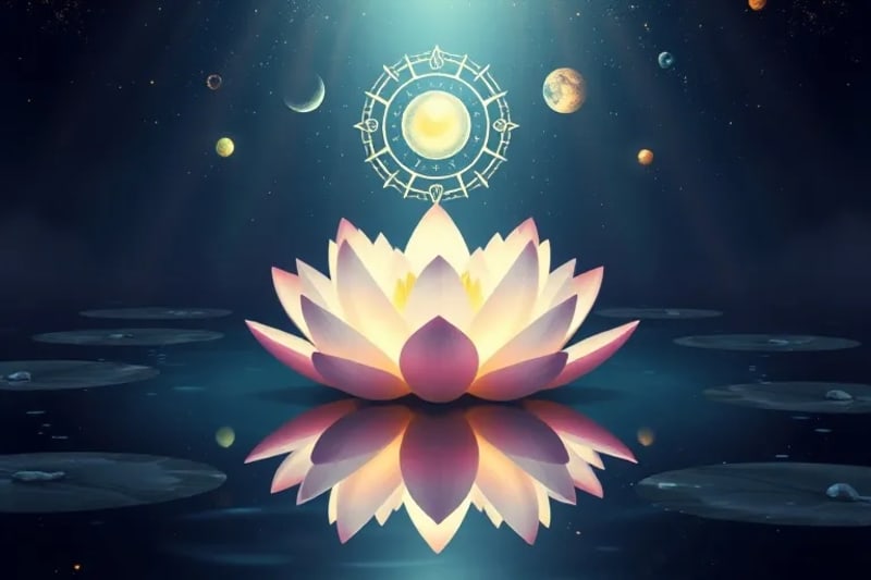Conceptual still-life of a glowing lotus flower reflecting subtle planetary symbols, symbolizing inner harmony and cosmic connection.