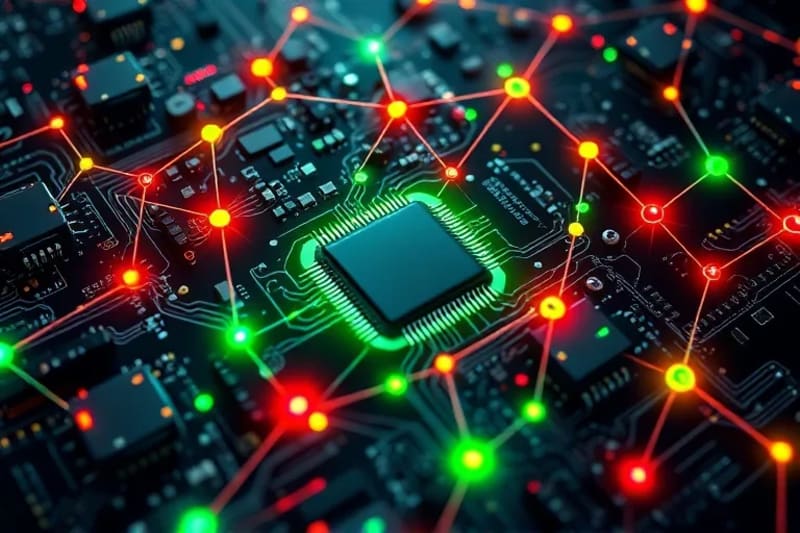 Red abstracta de formas geométricas brillantes que representan una blockchain, con nodos resaltados en verde para la ética y rojo para las advertencias, simbolizando los desafíos y oportunidades éticos.