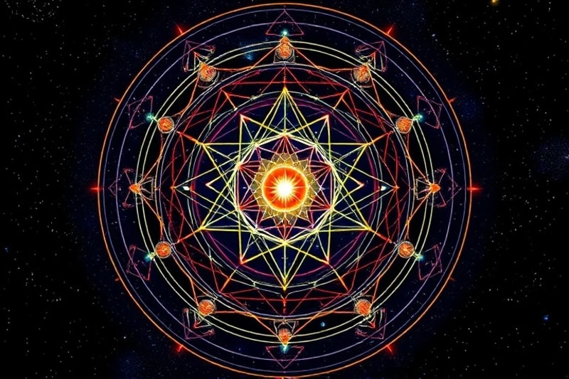 Abstract geometric patterns representing planetary orbits and energy flows, symbolizing the dynamic interaction of cosmic cycles.