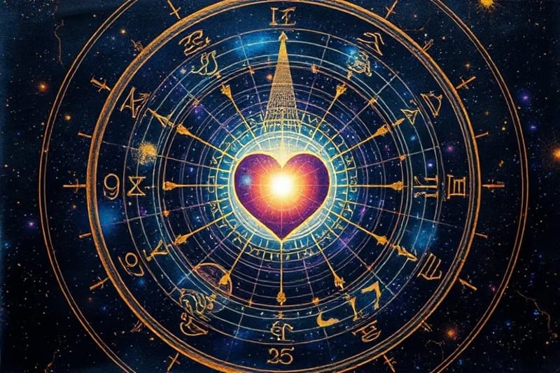 Pintura digital de una tapicería cósmica con hilos de luz y un corazón central