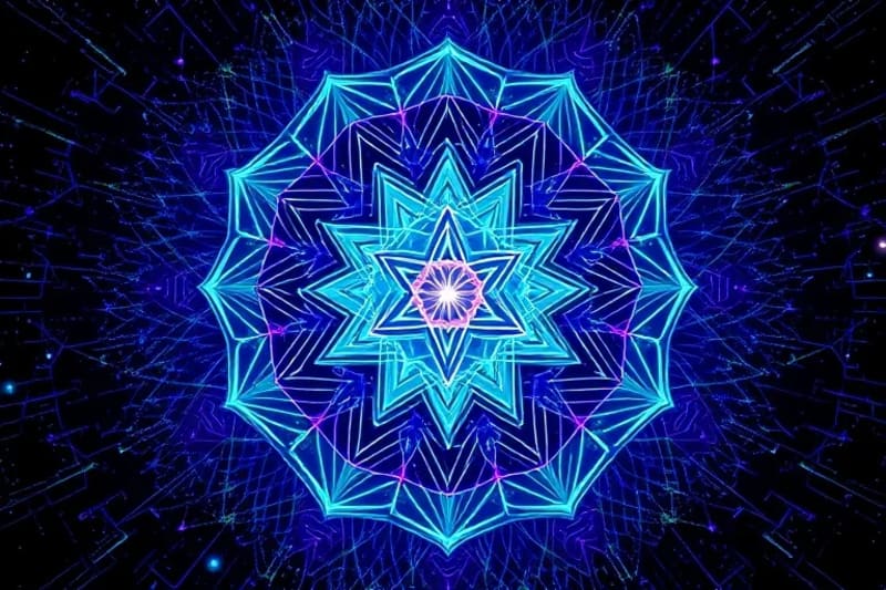 Abstract digital art showing data streams and neural networks forming patterns, with glowing symbols of energy healing and mindfulness emerging.