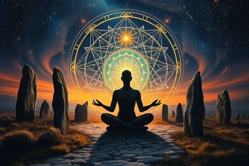 Oil painting of a serene natural landscape at dawn, with ancient standing stones and a meditating figure emitting a faint ethereal glow.
