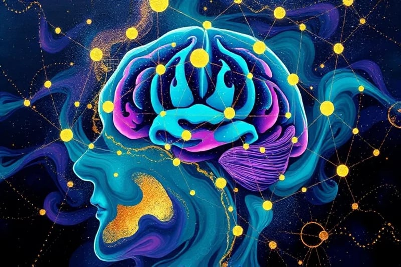 Representación digital de un cerebro humano conectado a una red de nodos brillantes y patrones celestiales, simbolizando la integración de la IA y la conciencia en la interpretación de datos astrales.