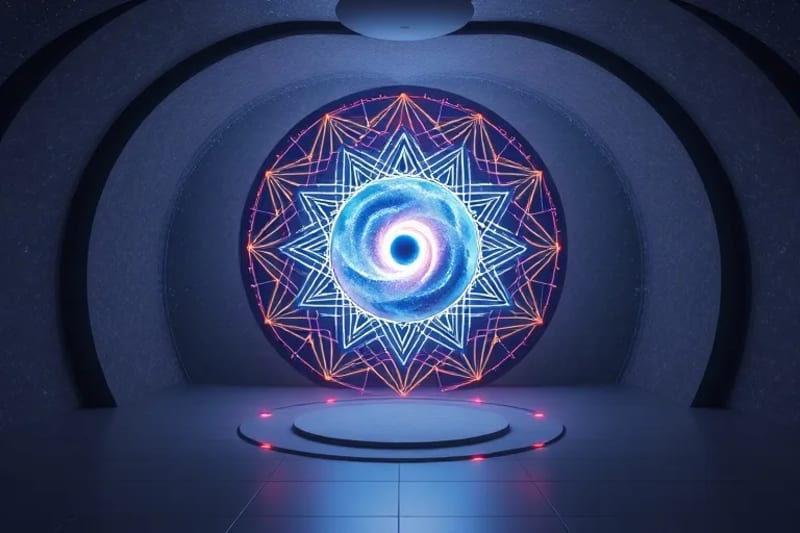 Cámara de meditación futurista con una proyección holográfica de una nebulosa giratoria, creando un ambiente inmersivo y sereno para la meditación guiada.