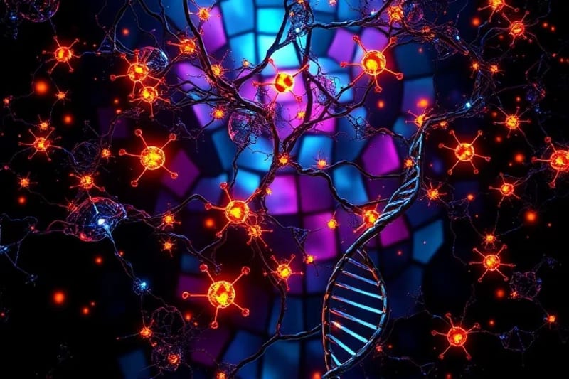 Red de neuronas y fragmentos de código genético abstractos