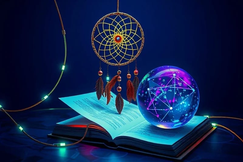 Conceptual still-life with a dream catcher intertwined with fiber optics, a book with binary code, and a crystal ball reflecting data, symbolizing AI's role in dream analysis.