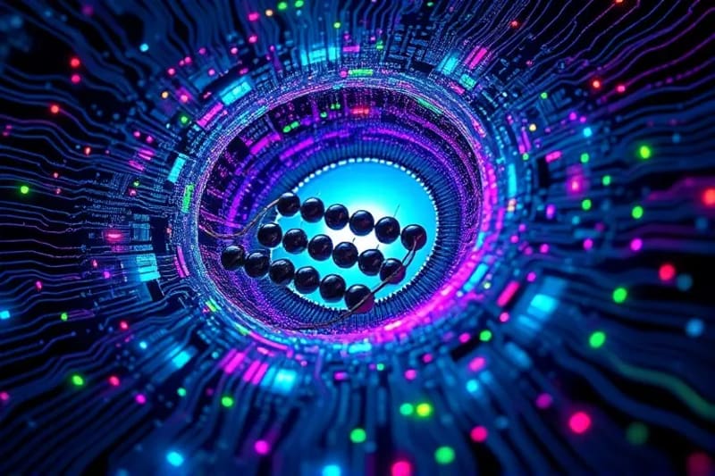 Redes neuronales abstractas entrelazadas con cuentas de ábaco digitales.