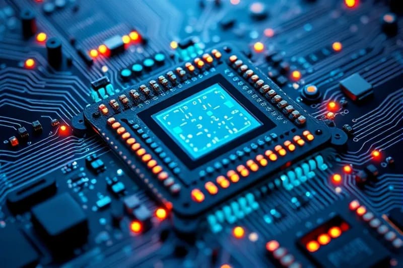 Chip de procesador cuántico con diseño inspirado en el ábaco, mostrando flujos de energía.