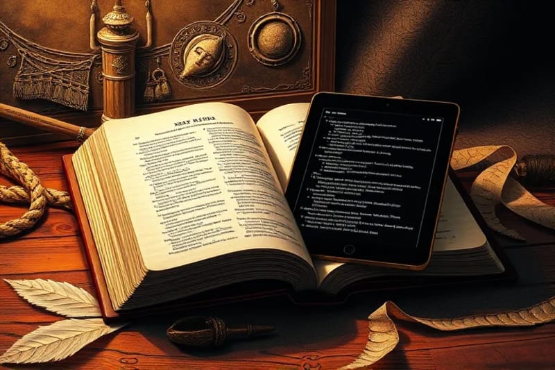 Una Biblia abierta con textos sagrados que se transforman en código digital y redes de datos