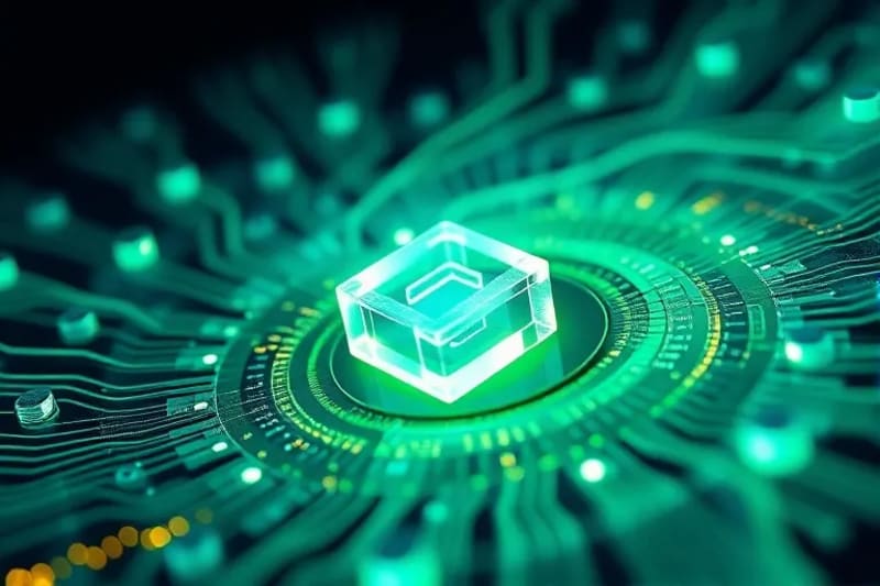 Vórtice abstracto de energía verde y azul con bloques geométricos de blockchain, simbolizando la integración de la tecnología en procesos sostenibles.