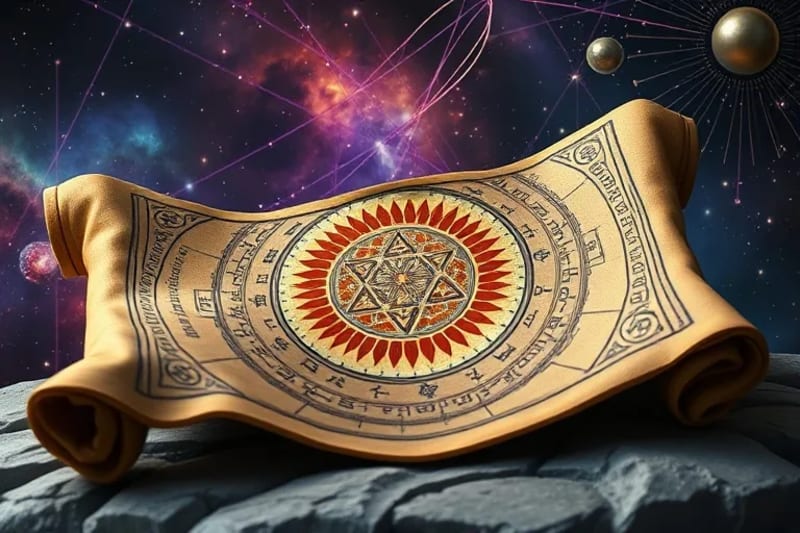 Ancient Hermetic scroll unrolling to reveal glowing geometric patterns and quantum physics diagrams, symbolizing the synthesis of old and new wisdom.