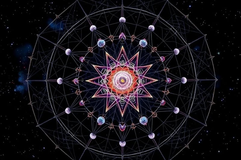 Abstract 3D render of interconnected crystalline structures forming an energetic lattice, with spheres illustrating vibrational frequency shifts.