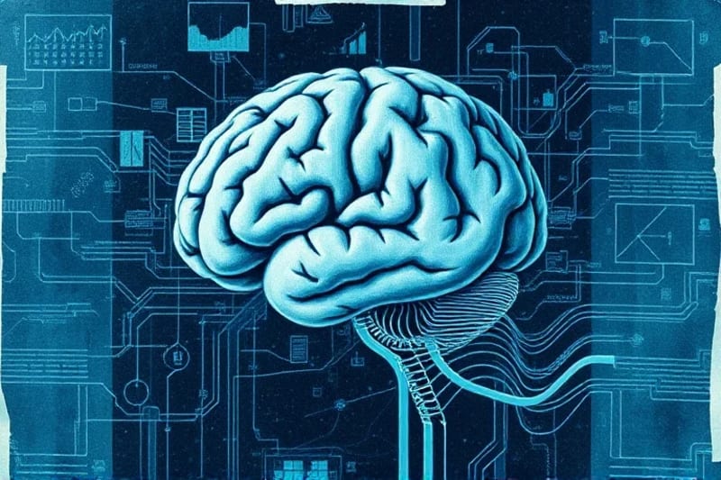 Abstract vector art showing brain integrated with architectural blueprints and calming colors.