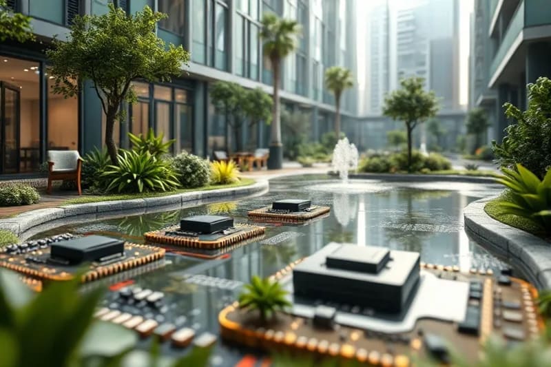 3D render of a sensory garden with natural materials and water feature, emphasizing tactile and visual calm.