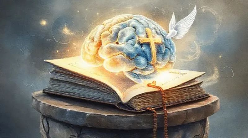 Ilustración de un cerebro humano entrelazado con símbolos religiosos