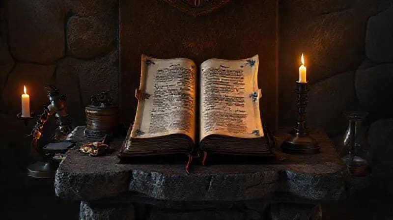 Instrumentos científicos y textos antiguos sobre un altar