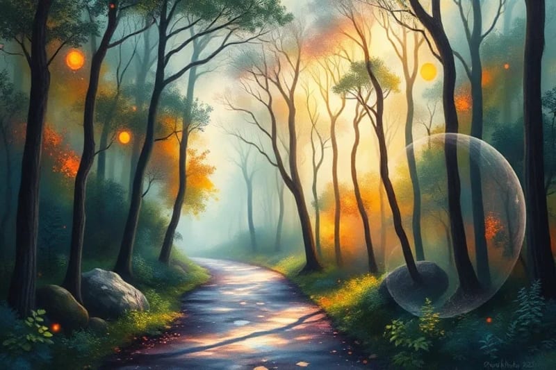 Pintura acuarela de un sendero sinuoso adentrándose en un bosque místico, con símbolos planetarios tenues y brillantes entre los árboles, bajo una luz etérea que resalta sombras y luces.